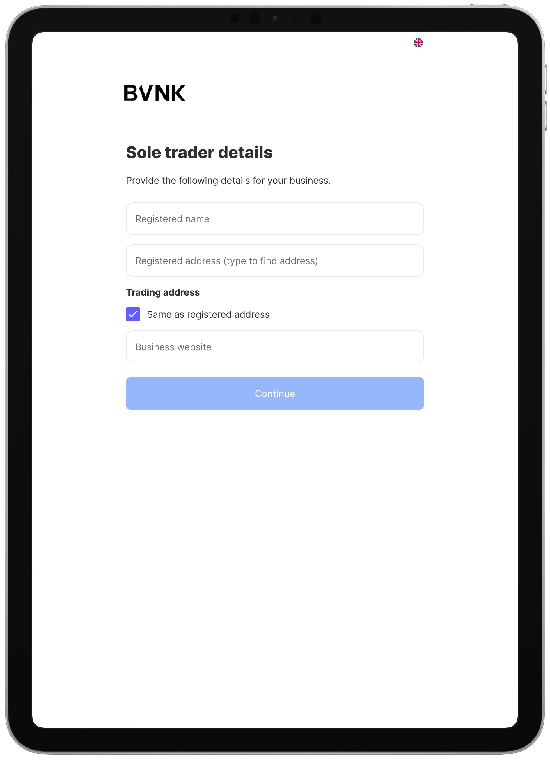 BVNK: Sole trader details on a tablet