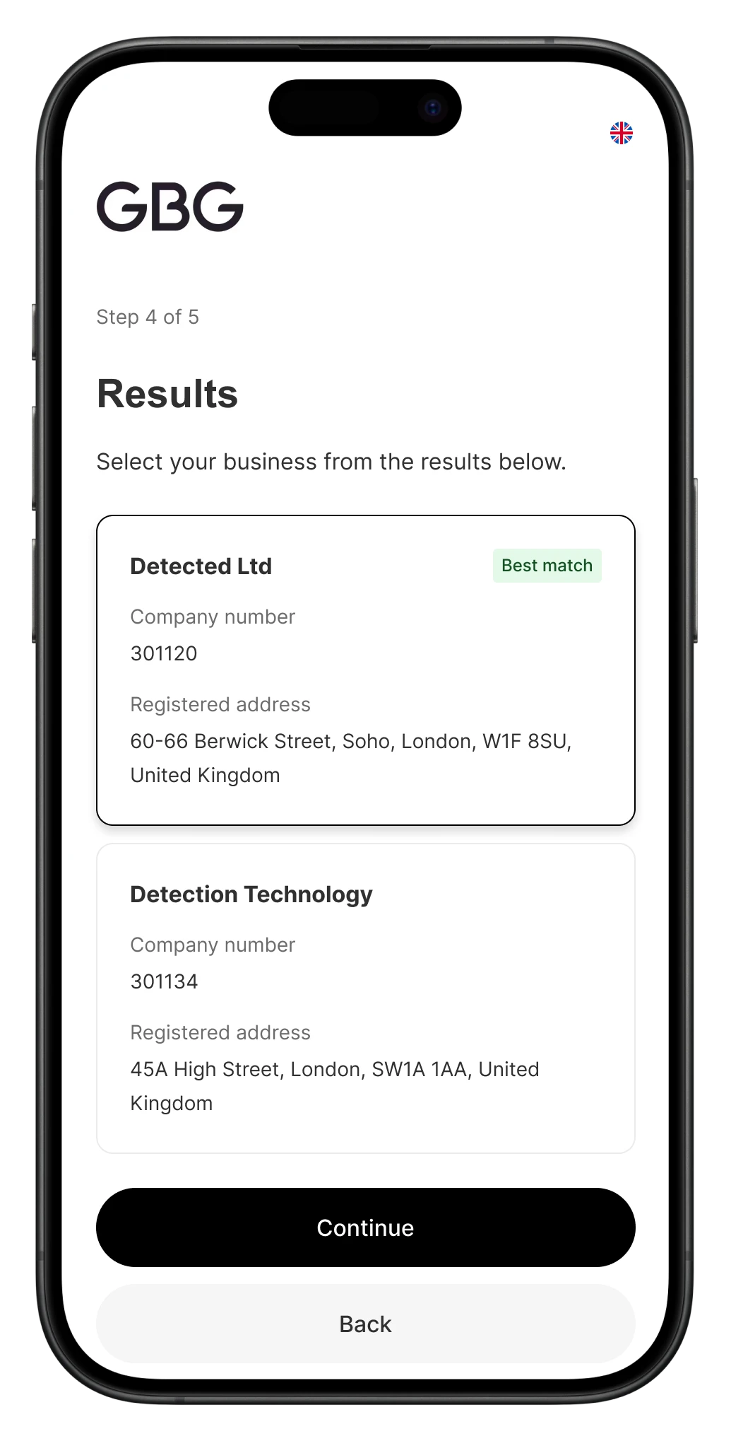 GBG: Company search results on a phone